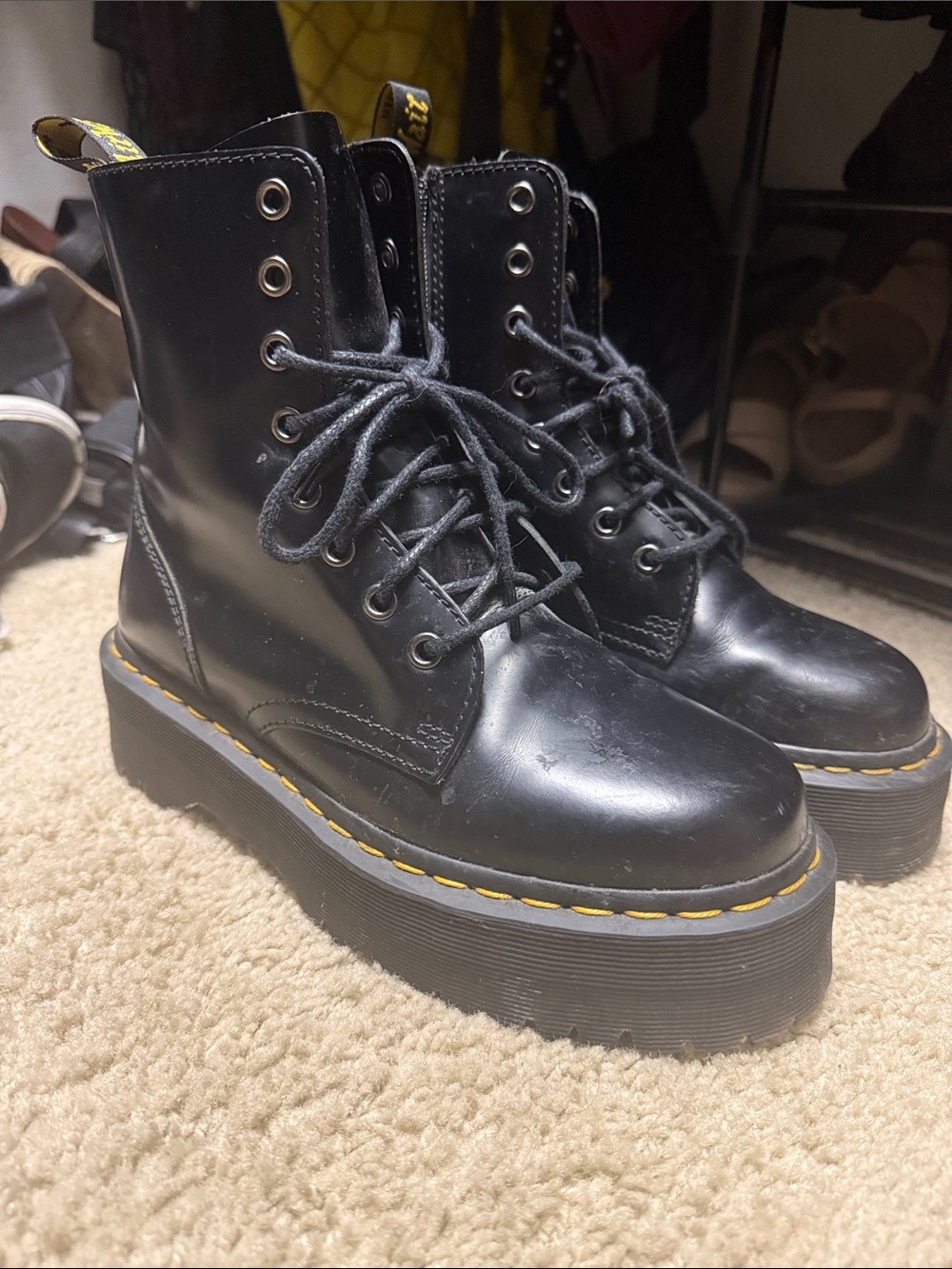 Dr. Martens Black Platform Lace-Up Boots with Yellow Stitching